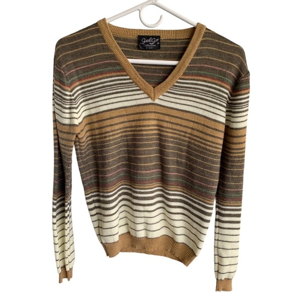 Vintage V-neck 70s Sweater Adult Medium Mens Brown Cream Long Sleeve Retro Disco - Picture 1 of 5